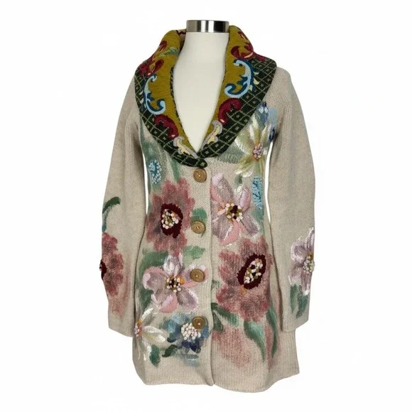 Anthopologie Sleeping On Snow Sweater Coat Hand Painted Poppies Size Medium - Picture 4 of 16